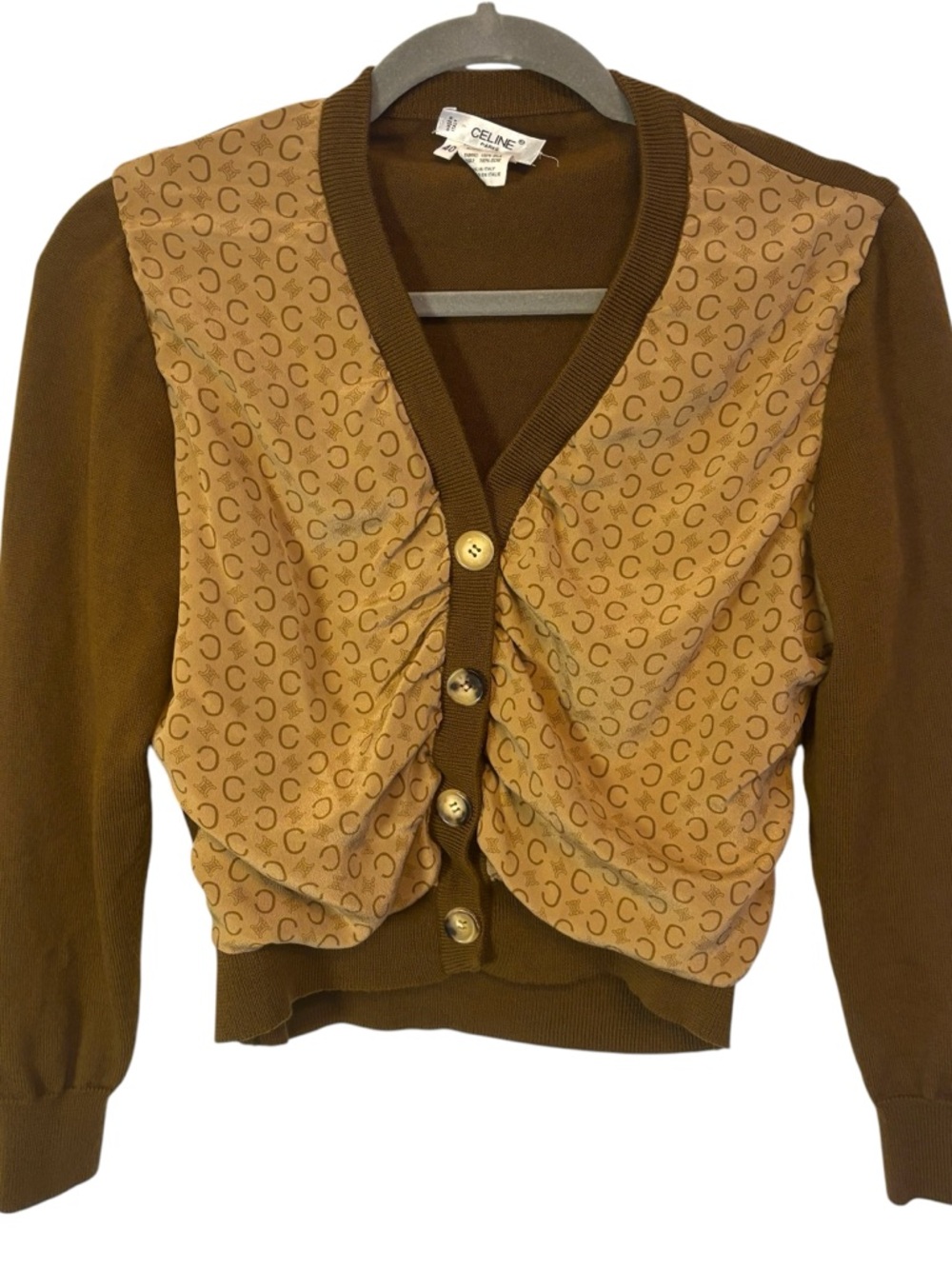 Celine Brown 100% Silk Monogram panel 100% Wool Cardigan Size 40 (EU) fits Small